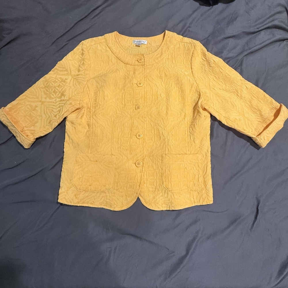 Coldwater Creek Jacket Womens 16 Yellow Textured Collarless 3/4 Sleeve Button
